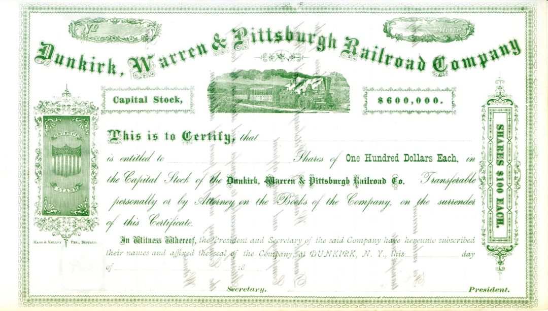 Dunkirk, Warren and Pittsburgh Railroad Co. - 1860's circa Unissued Railway Stock Certificate