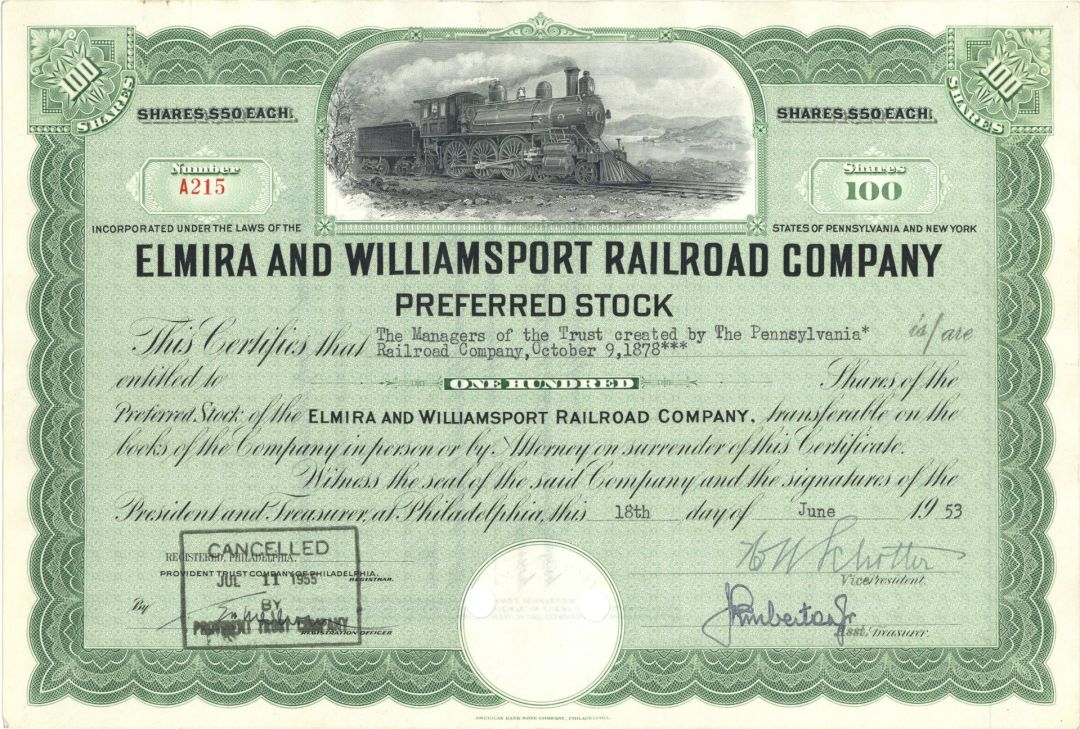 Elmira and Williamsport Railroad - Stock Certificate