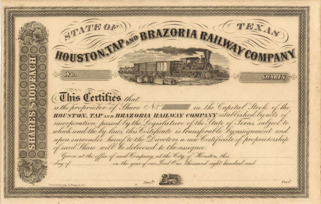 Houston, Tap and Brazoria Railway Co. - Texas - Unissued Stock Certificate