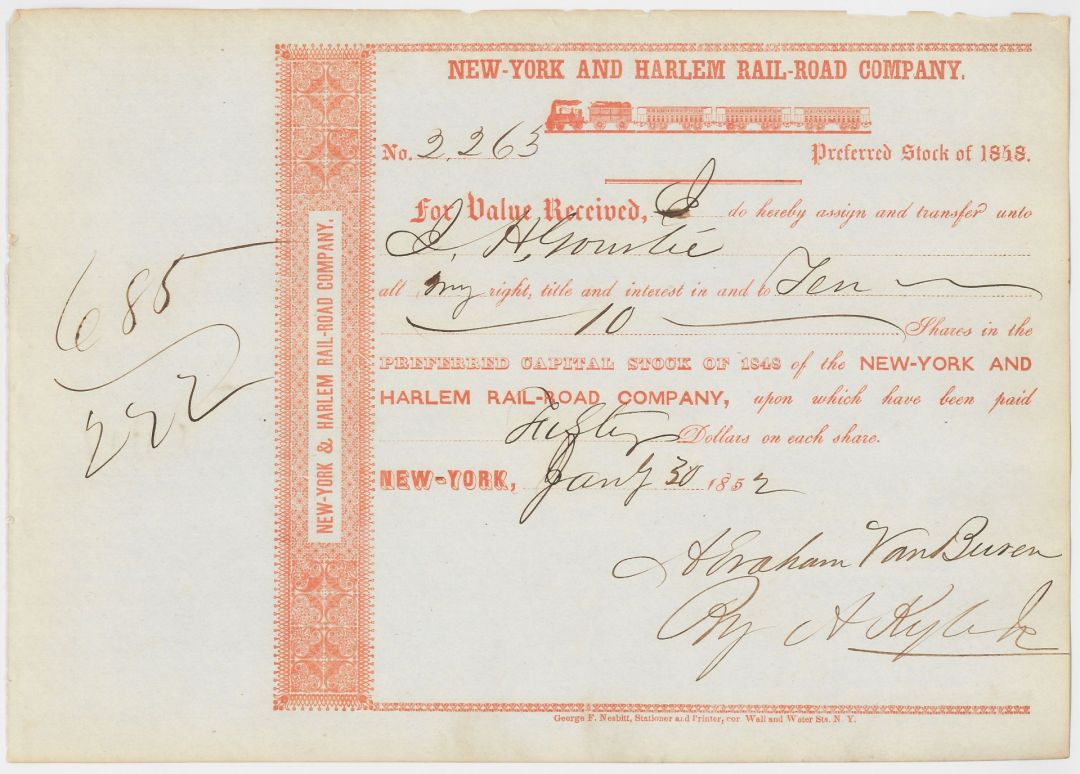 New York and Harlem Railroad -1850's dated New York City Railway Stock Certificate