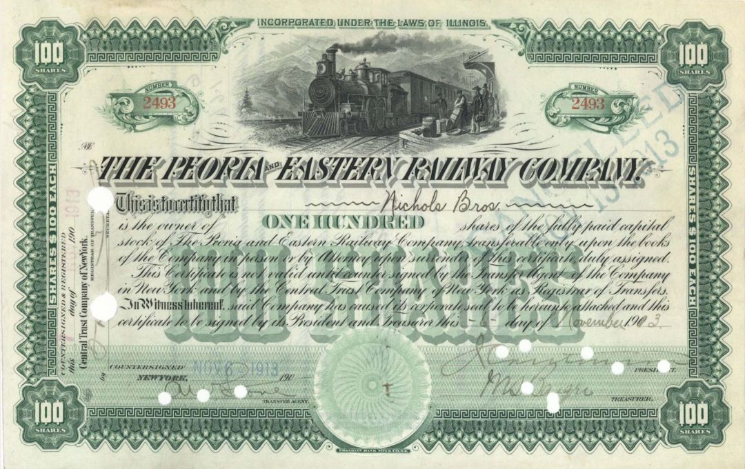 Peoria and Eastern Railway Co. - 1890's-1900's dated Stock Certificate