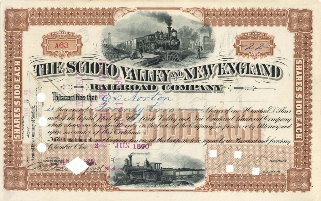 Scioto Valley and New  England Railroad Co. - 1890 dated Stock Certificate