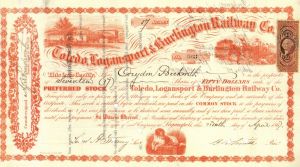 Toledo, Logansport and Burlington Railroad Co. - Railway Stock Certificate