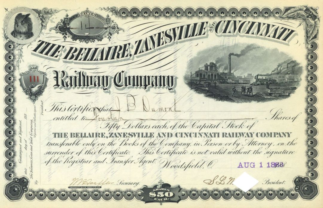 Bellaire, Zanesville and Cincinnati Railway - 1883 dated Ohio Railroad Stock Certificate