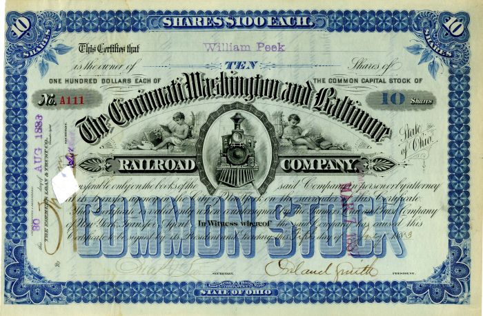 Cincinnati, Washington and Baltimore Railroad Company Signed by Orland Smith - Stock Certificate