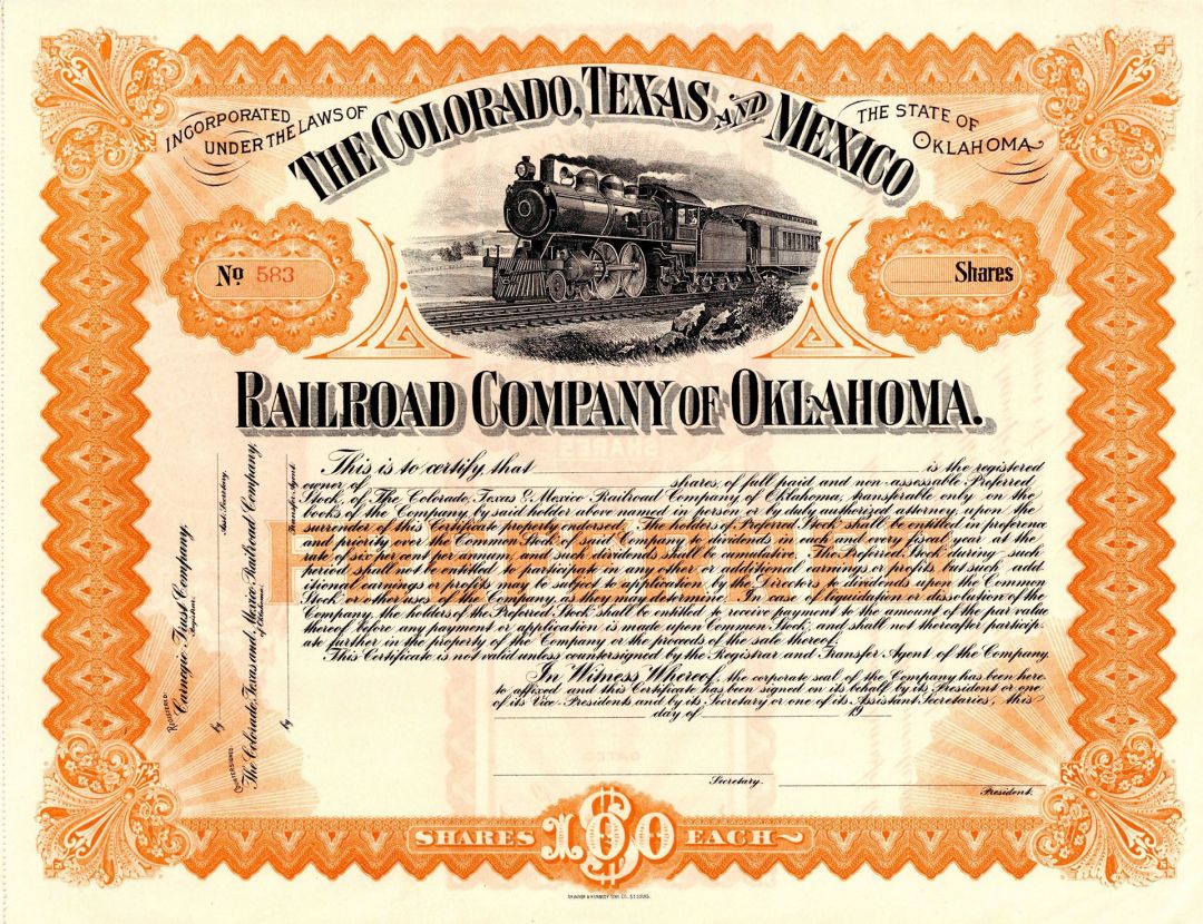 Colorado, Texas and Mexico Railroad Co. of Oklahoma - 1900's Unissued Railway Stock Certificate - Available in Orange or Green