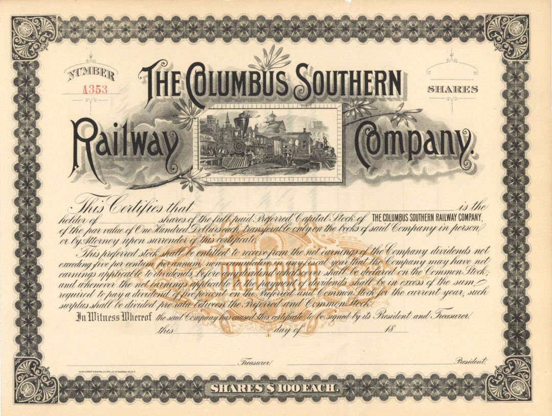 Columbus Southern Railway Co. - Unissued Stock Certificate