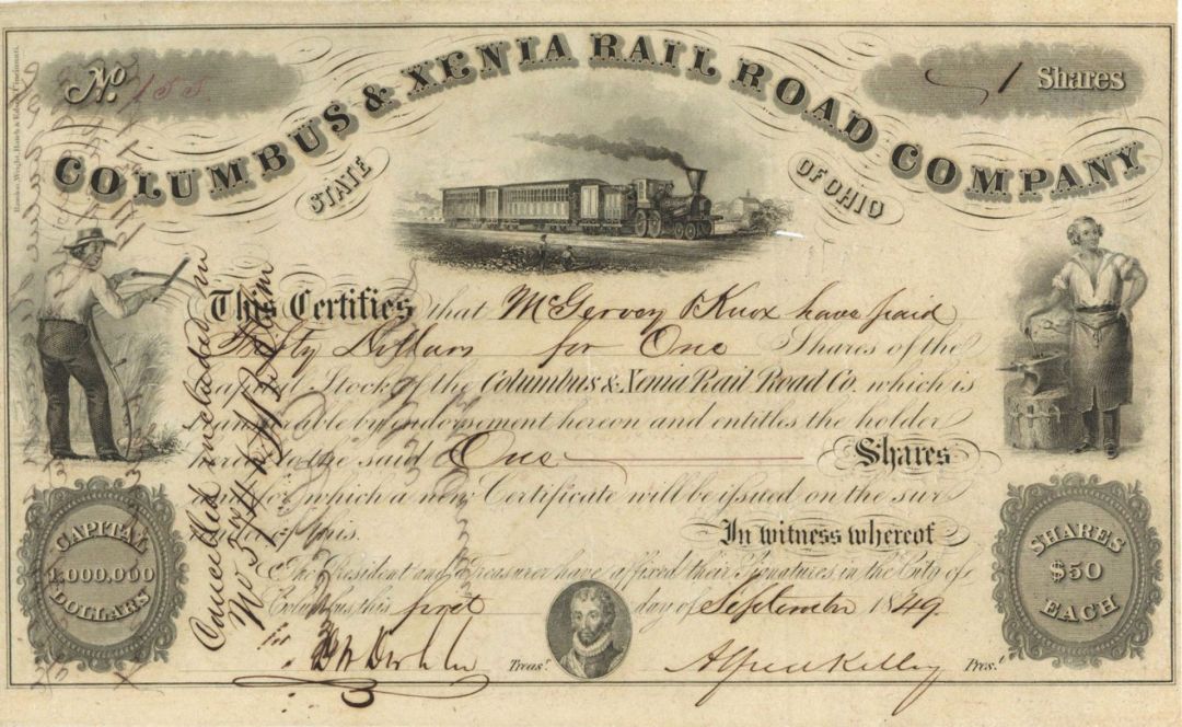 Columbus and Xenia Railroad Co. -1849-1857 dated Stock Certificate