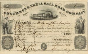 Columbus and Xenia Railroad Co. -1849-1857 dated Stock Certificate