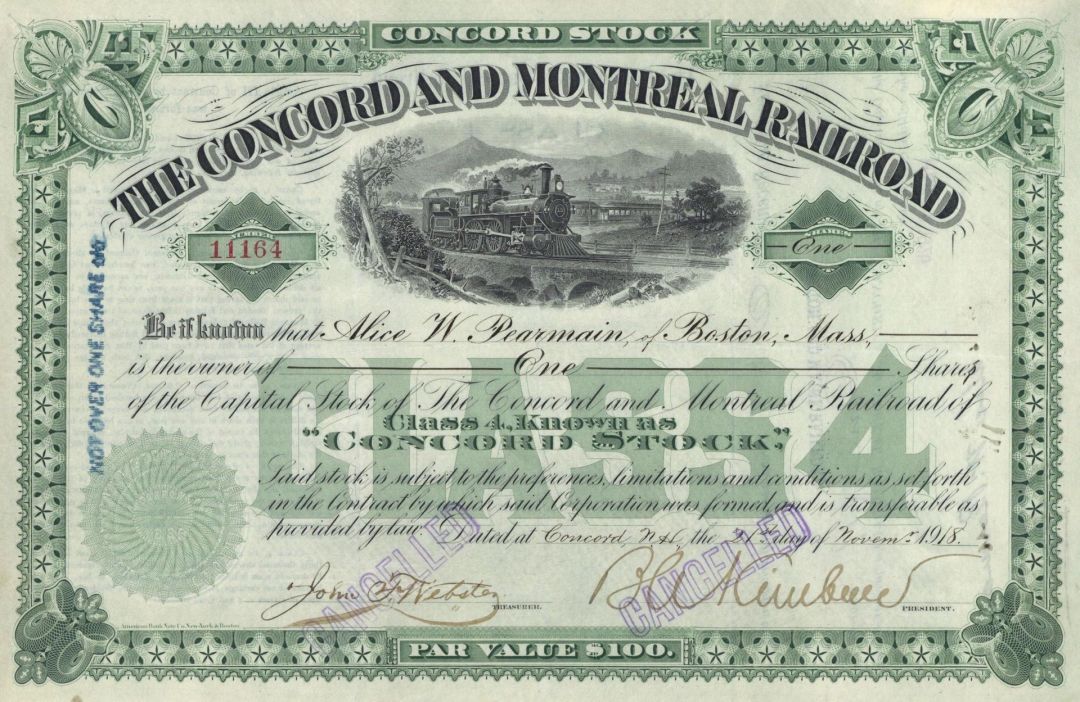 Concord & Montreal Railroad Co. - Stock Certificate