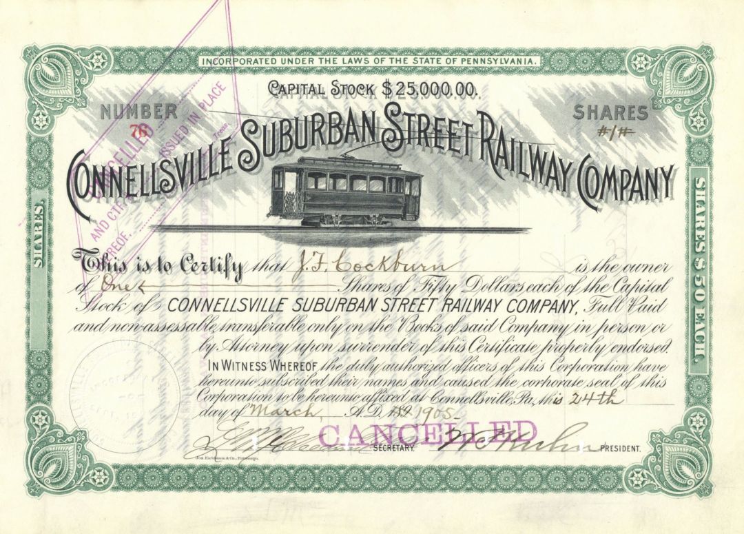 Connellsville Suburban Street Railway - Pennsylvania Railroad Stock Certificate - Gold Seal