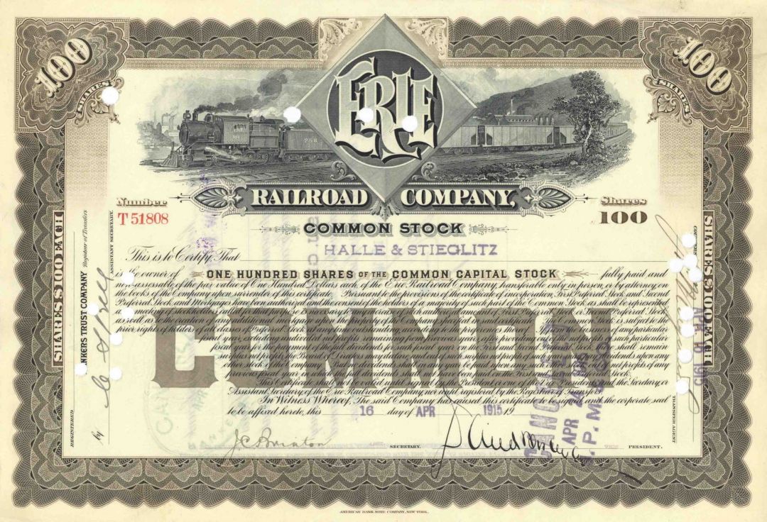 Erie Railroad Co. - 1906-1915 dated Railway Stock Certificate - Gorgeous Design