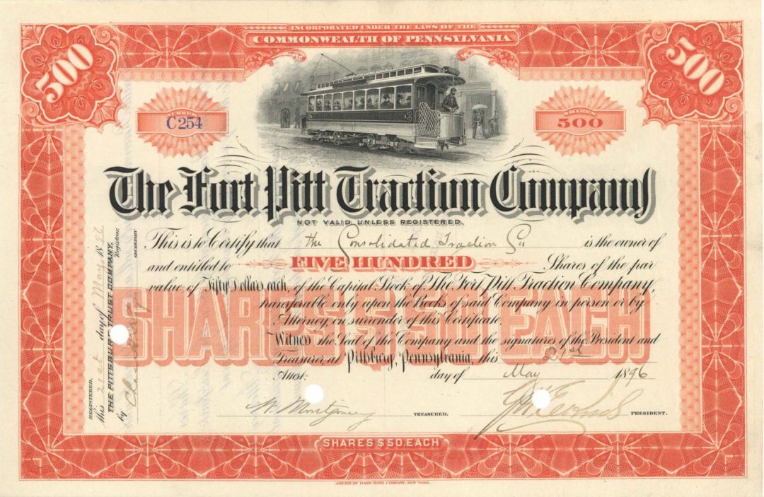 Fort Pitt Traction Co. - 1896 dated Stock Certificate