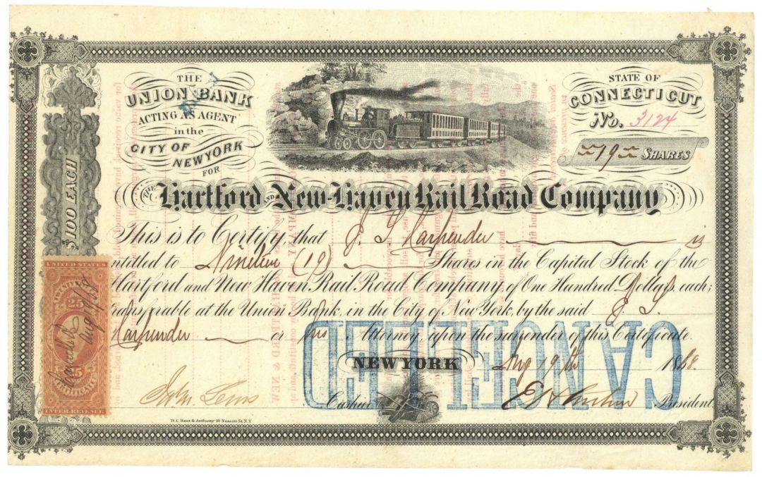 Hartford and New Haven Railroad - 1868 dated Railway Stock Certificate
