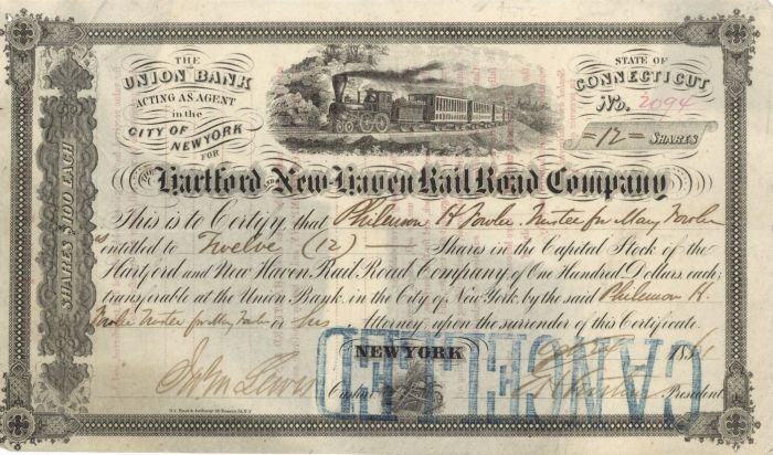 Hartford and New Haven Rail Road Co. - 1872 dated Railway Stock Certificate