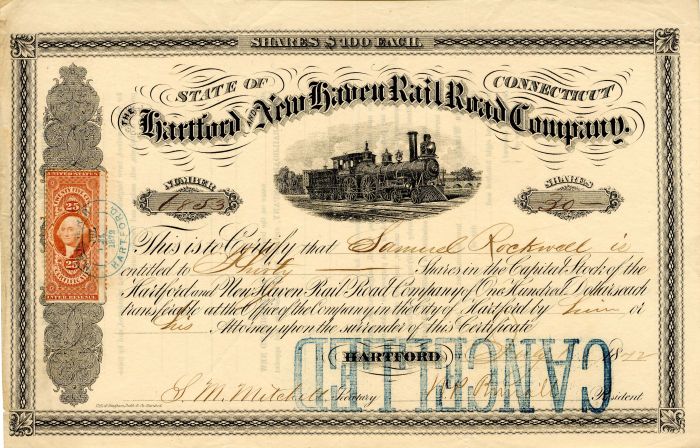 Hartford and New Haven Railroad Co. - 1872 Railway Stock Certificate