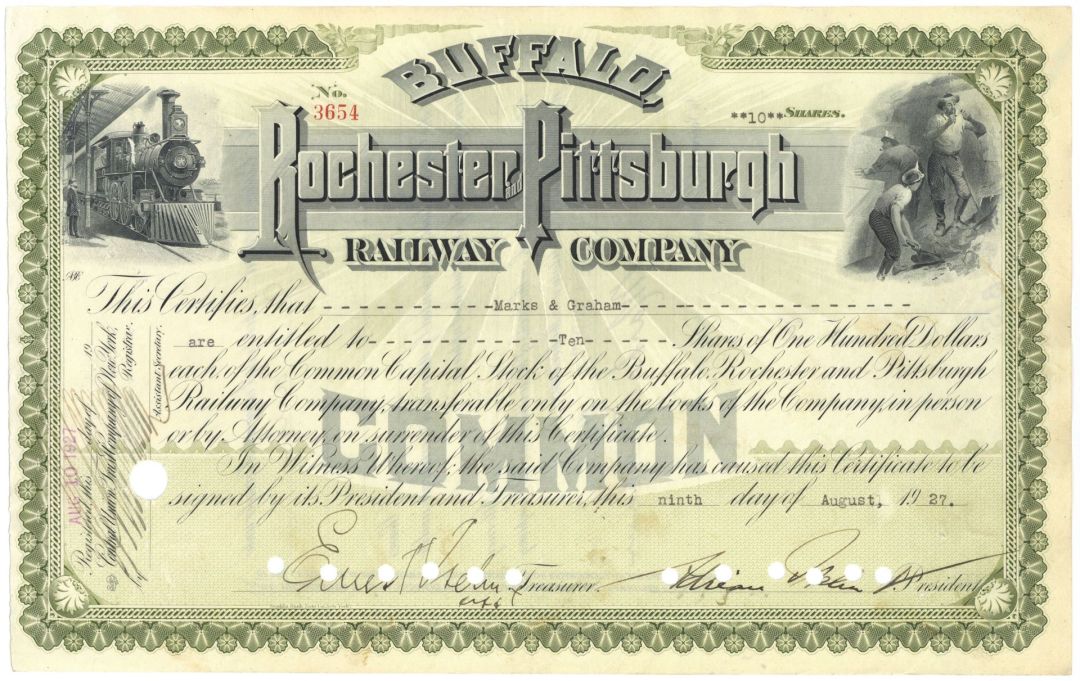 Buffalo, Rochester and Pittsburgh Railroad Co. - 1920's dated Railway Stock Certificate