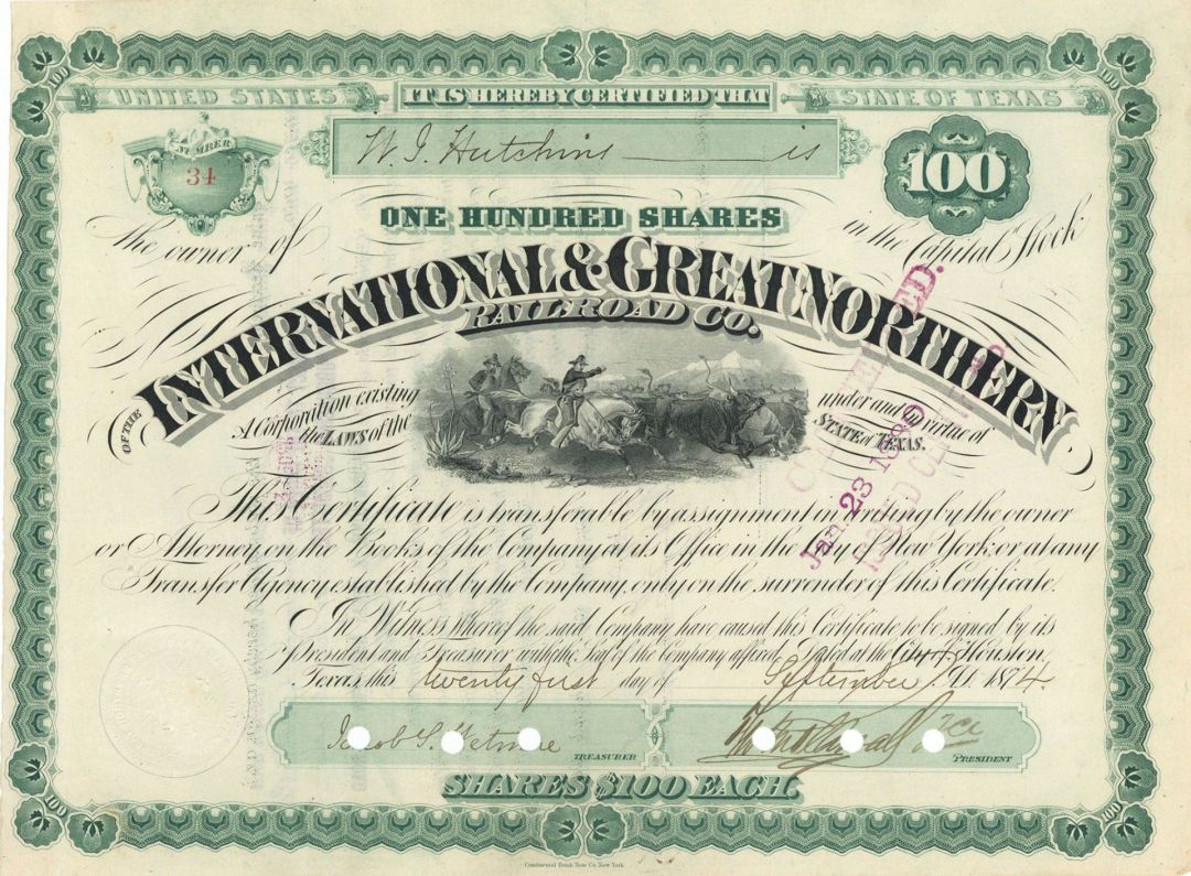 International and Great Northern Railroad Co. - 1874 Texas Railway Stock Certificate - Gorgeous Design