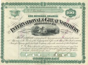 International and Great Northern Railroad Co. - 1874 Texas Railway Stock Certificate - Gorgeous Design