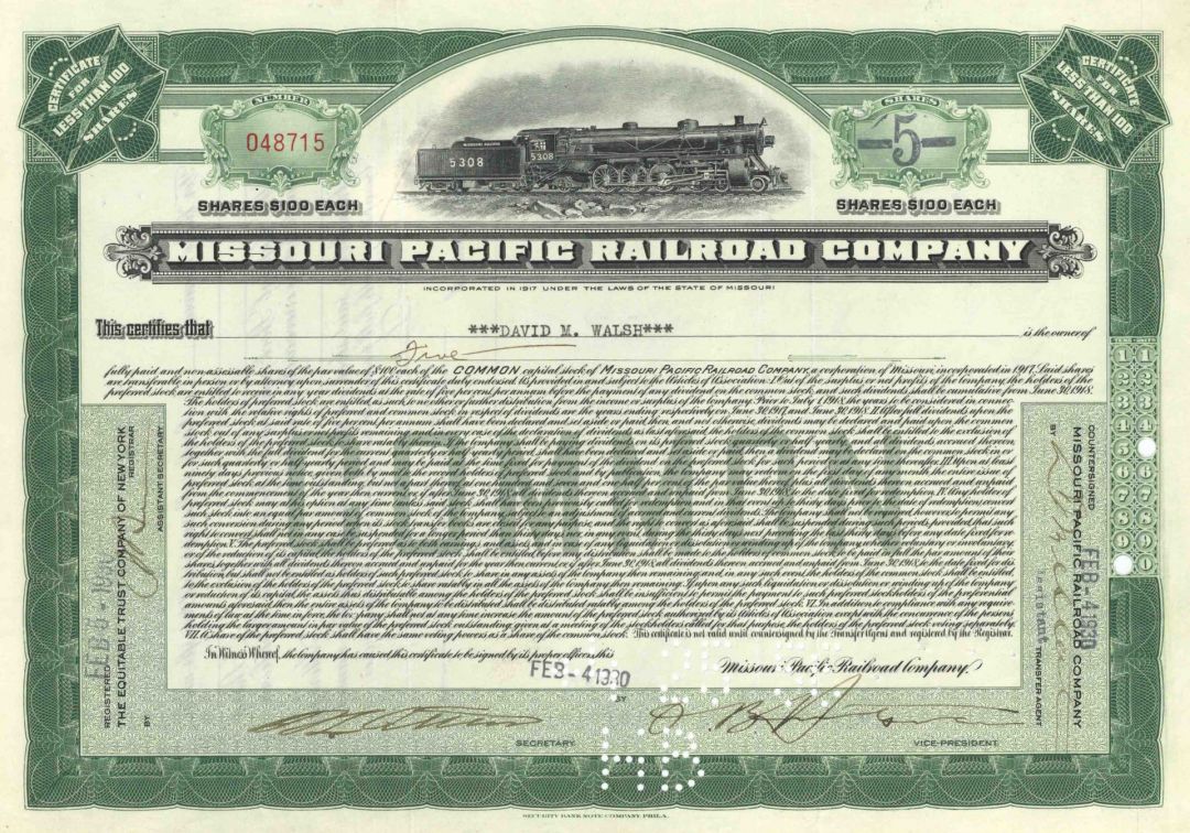Missouri Pacific Railroad - Railway Stock Certificate - Locomotive Sideview Vignette