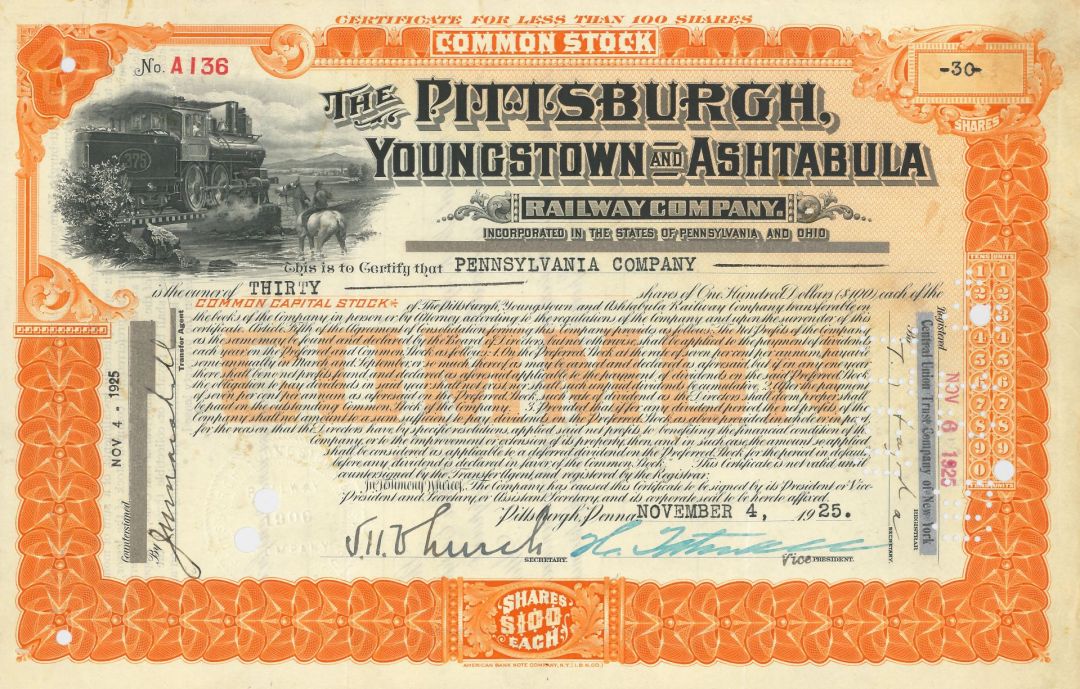 Pittsburgh, Youngstown and Ashtabula Railway Co. - 1925 dated Railroad Stock Certificate