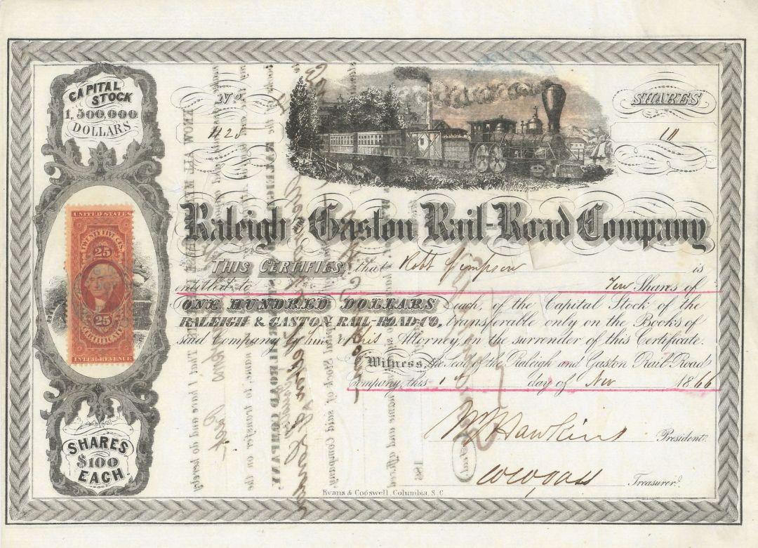 Raleigh and Gaston Railroad - North Carolina Railway Stock Certificate