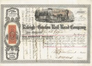 Raleigh and Gaston Railroad - North Carolina Railway Stock Certificate