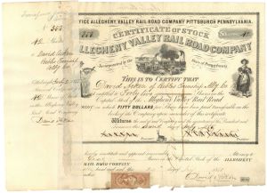 Allegheny Valley Railroad Co. - 1855 dated Railway Stock Certificate - Some Staining and Paper Loss