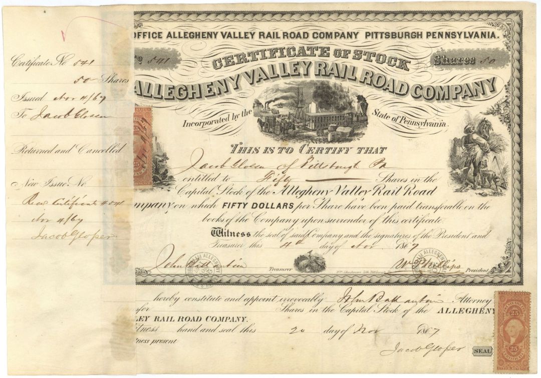 Allegheny Valley Railroad Co. - 1855-1868 dated Pennsylvania Railway Stock Certificate - Some Staining and Paper Loss