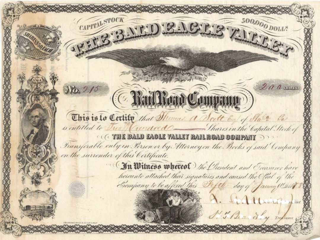 Bald Eagle Valley Rail Road Co. - 1878 dated Stock Certificate