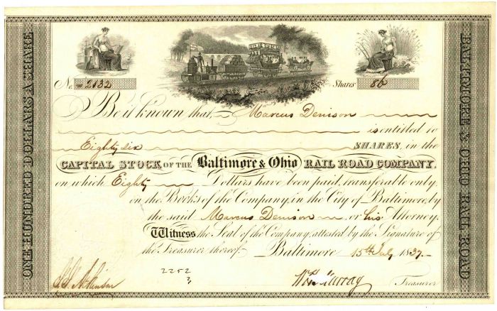 1830's dated Baltimore and Ohio Railroad Co. - Small Hole Cancellations Railway Stock Certificate - Very Rare in this Condition