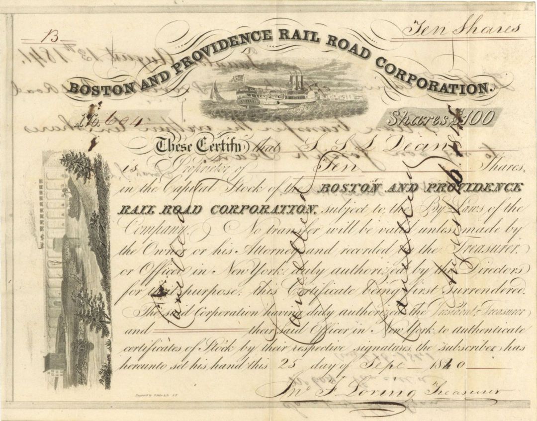 Boston and Providence Railroad Corp. - 1830's-1840's Stock Certificate