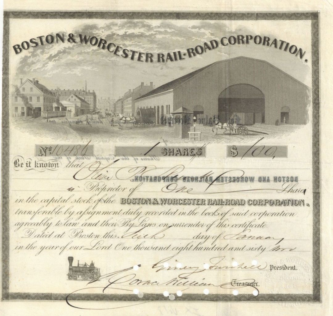 Boston and Worcester Railroad Corp. - 1857-1865 dated Stock Certificate