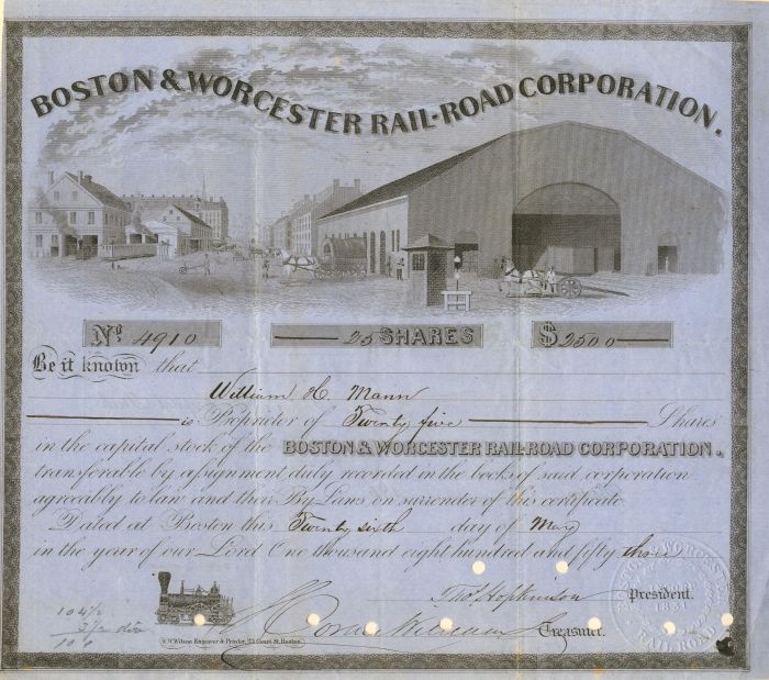 Boston and Worcester Railroad - Stock Certificate