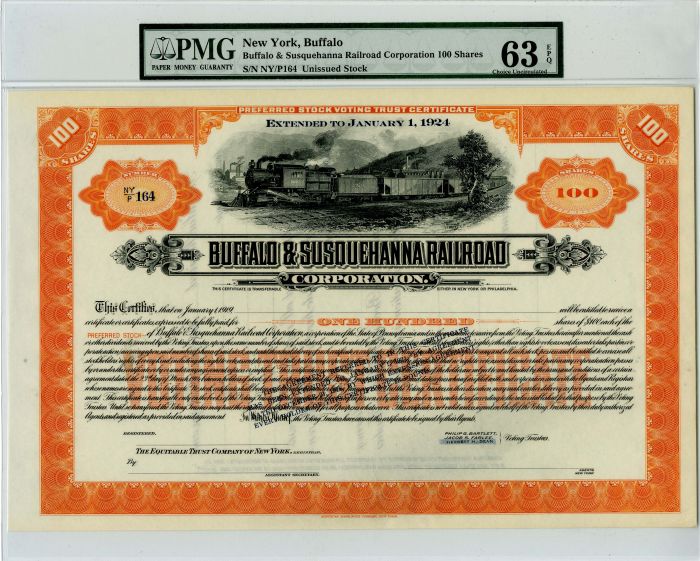 Buffalo and Susquehanna Railroad - 1919 dated PMG Graded Unissued Railway Stock Certificate - 63 EPQ Choice Uncirculated