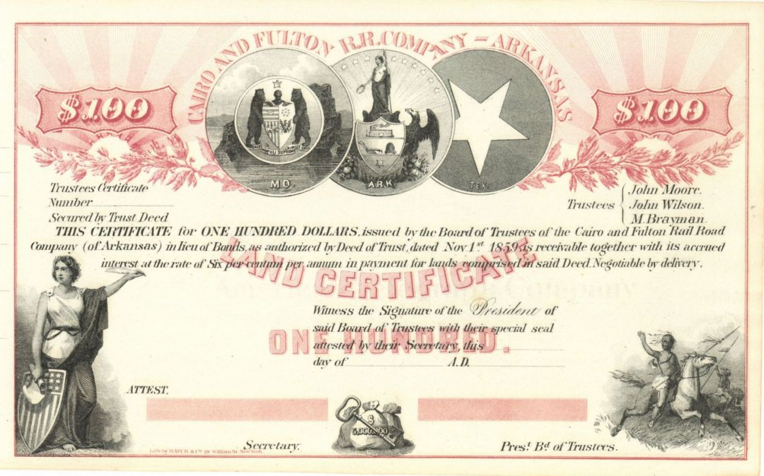 Cairo and Fulton Railroad Co.- Unissued Railway Stock Certificate of Missouri, Arkansas and Texas
