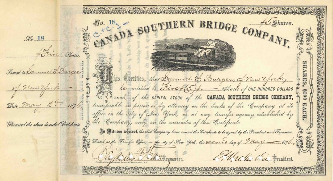 Canada Southern Bridge Co - 1870's dated Michigan Railroad and Bridge Stock Certificate