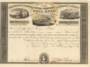 Delaware and Raritan Canal Co. and Camden and Amboy  Railroad and Transportation Co signed by Robert L. Stevens - Stock Certificate (Uncanceled)