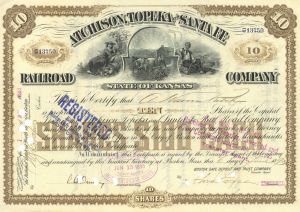 Atchison, Topeka & Santa Fe Railroad - 1880's-90's dated Gorgeous 3 Part Vignette Railway Stock Certificate