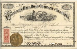 Western Railroad Company of Alabama  -1871 dated Stock Certificate