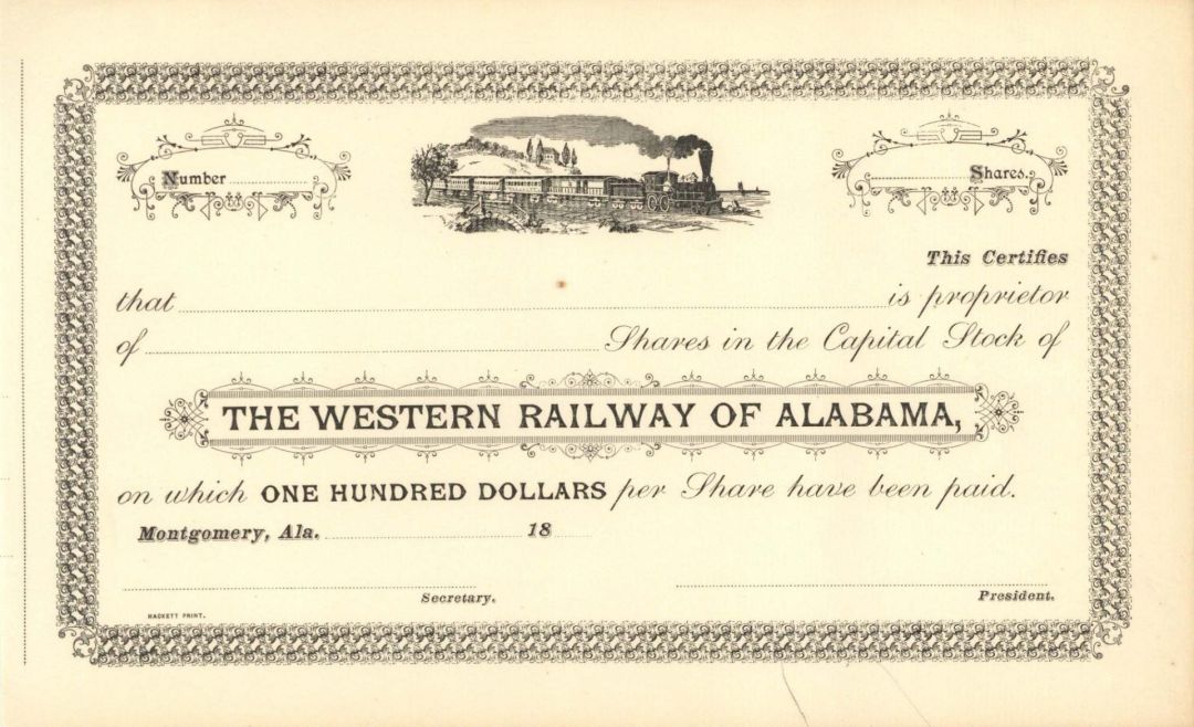 Western Railroad Company of Alabama  - Unissued Stock Certificate