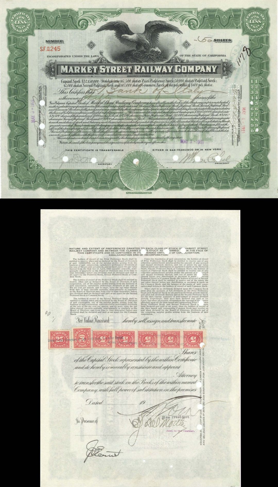 Market Street Railway Co. - 1921 dated Stock Certificate with Revenue Stamps