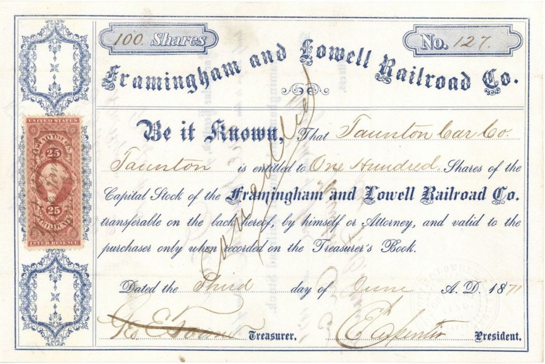 Framingham and Lowell Railroad Co. - Railway Stock Certificate