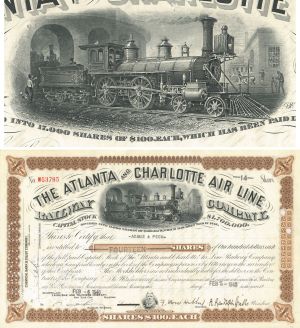 Atlanta and Charlotte Air Line Railway Co. - 1890's-1940's dated Georgia and North Carolina Railroad Stock Certificate