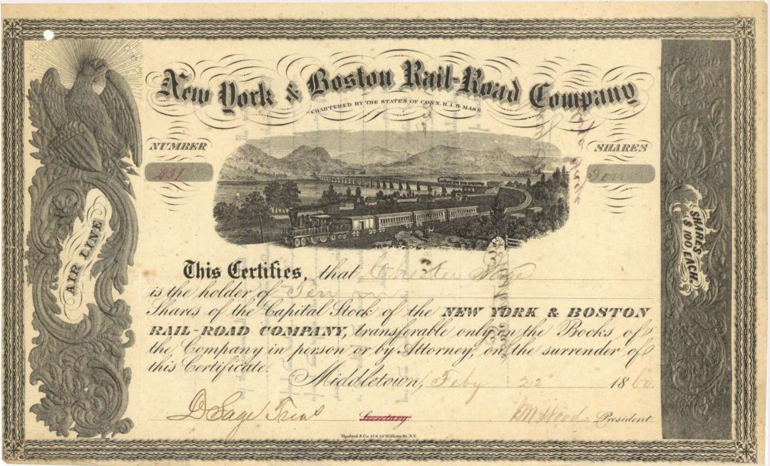 New York and Boston Rail-Road Co. - 1856-1860 dated Stock Certificate