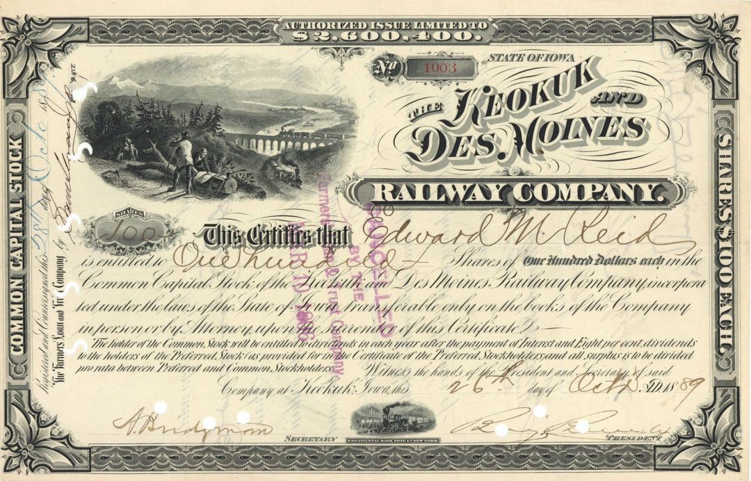 Keokuk and Des Moines Railway Co. - 1880's-90's dated Railroad Stock Certificate