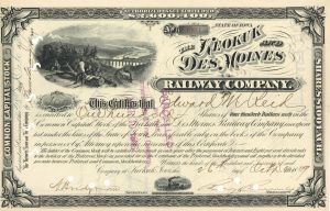 Keokuk and Des Moines Railway Co. - Stock Certificate