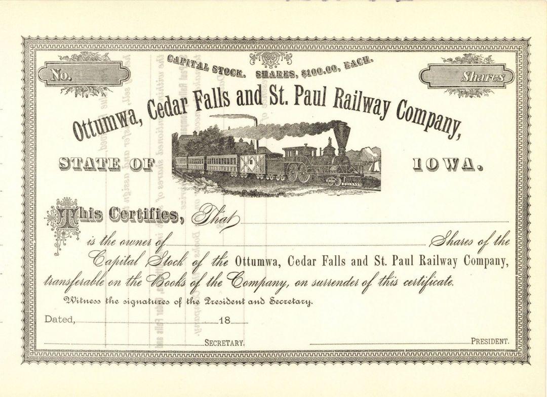 Ottumwa, Cedar Falls and St. Paul Railway Co. - Stock Certificate