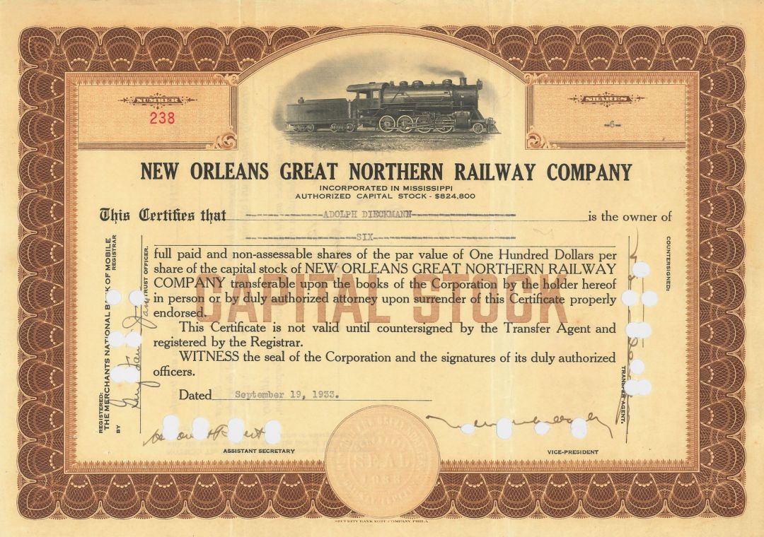 New Orleans Great Northern Railway - 1933 dated Railroad Stock Certificate - Successor of the East Louisiana Railroad