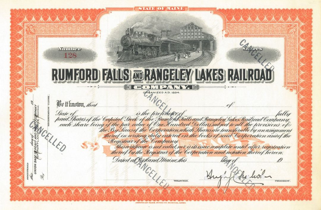 Rumford Falls and Rangeley Lakes Railroad - circa 1910's Unissued Railway Stock Certificate